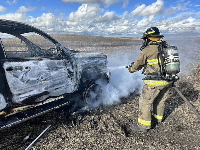 The suspects ditched and burned this vehicle near Whitewood Tuesday.